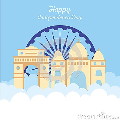 Happy independence day india, famous temple landmark and wheel Vector Illustration