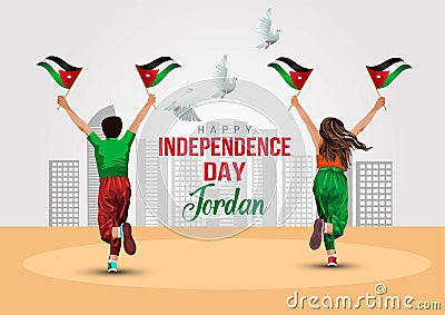 Happy independence day Jordan 25th January. a boy and girl running with Jordan flag. vector illustration design Vector Illustration