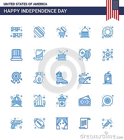 Happy Independence Day Pack of 25 Blues Signs and Symbols for nutrition; donut; barbecue; usa; indianapolis Vector Illustration
