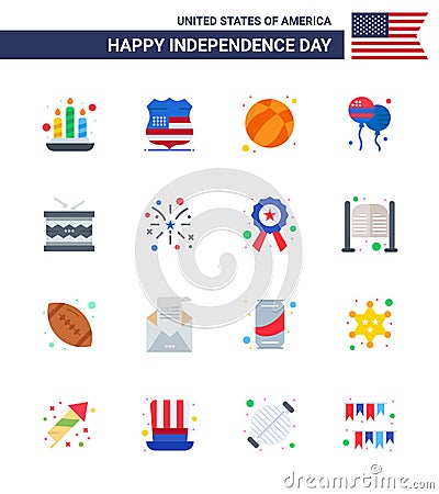 Happy Independence Day Pack of 16 Flats Signs and Symbols for irish; drum; ball; american; bloons Vector Illustration