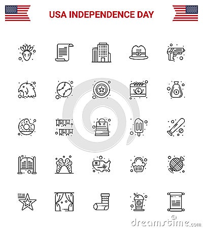 Happy Independence Day Pack of 25 Lines Signs and Symbols for animal; army; office; security; american Vector Illustration