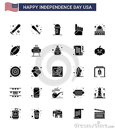 Happy Independence Day Pack of 25 Solid Glyph Signs and Symbols for ball; usa; states; madison; american Vector Illustration