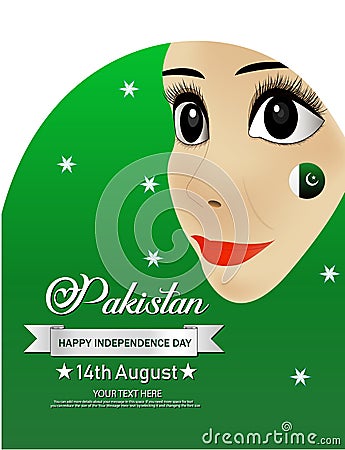 Happy independence day of pakistan with smiling girl face on beautiful background poster. vector illustration Vector Illustration