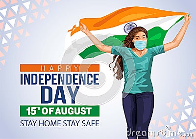 Happy Independence day 15 th august Happy independence day of India , girl running with Indian flag.vector illustration.greeting Vector Illustration