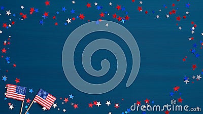Happy Independence Day, 4th of July greeting card with American flags and confetti stars on blue background. Happy July Fourth Stock Photo