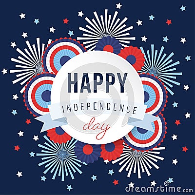 Happy Independence day, 4th July national holiday. Festive greeting card, invitation with fireworks and bunting party Vector Illustration