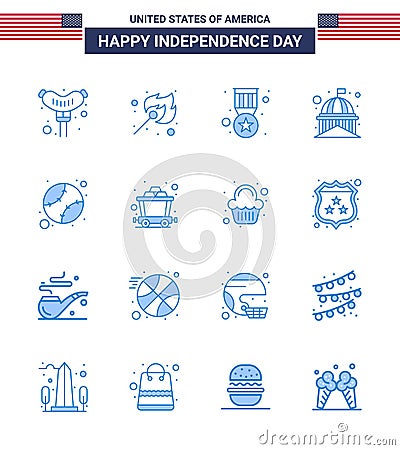 Happy Independence Day 4th July Set of 16 Blues American Pictograph of baseball; white; badge; usa; house Vector Illustration