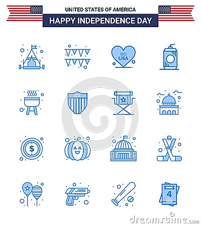 Happy Independence Day 4th July Set of 16 Blues American Pictograph of american; bbq; american; barbecue; drink Vector Illustration