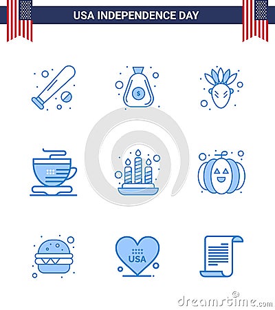 Happy Independence Day 4th July Set of 9 Blues American Pictograph of light; candle; cash; coffee; tea Vector Illustration