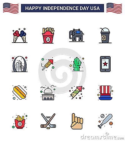 Happy Independence Day 4th July Set of 16 Flat Filled Lines American Pictograph of gate; arch; elephent; states; american Vector Illustration