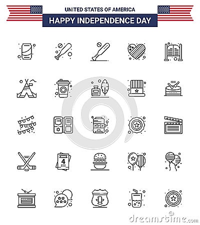 Happy Independence Day 4th July Set of 25 Lines American Pictograph of doors; love; baseball; heart; american Vector Illustration