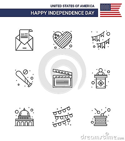 Happy Independence Day 4th July Set of 9 Lines American Pictograph of sports; baseball; love; ball; party Vector Illustration