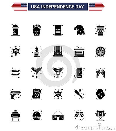 Happy Independence Day 4th July Set of 25 Solid Glyph American Pictograph of drink; usa; scroll; eagle; animal Vector Illustration