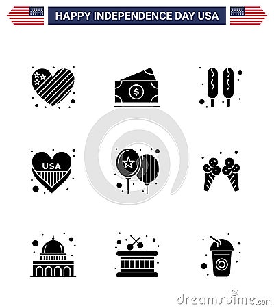 Happy Independence Day 4th July Set of 9 Solid Glyphs American Pictograph of day; balloons; corn dog; usa; heart Vector Illustration