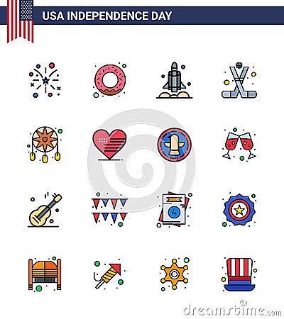 Happy Independence Day USA Pack of 16 Creative Flat Filled Lines of adornment; american; rocket; sports; hockey Vector Illustration