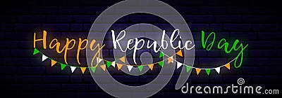 Happy India Republic Day neon horizontal banner. Vector Illustration