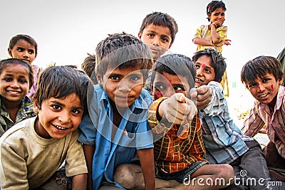 Happy Indian Children at Desert Village in Jaisalmer, India Editorial Stock Photo