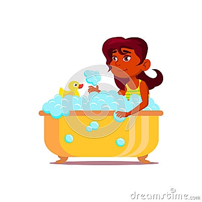 happy indian girl child washing in bath with bubbles and duck toy cartoon vector Vector Illustration