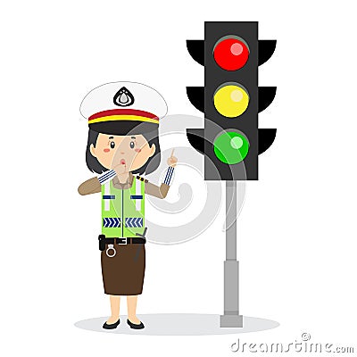 Happy Indonesian Traffic Police Character Stand Beside Traffic Lamp Vector Illustration