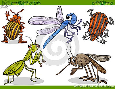 Happy insects set cartoon illustration Vector Illustration