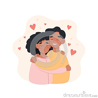 Happy international couple. Man and woman of different races hugging each other. Cute vector illustration in flat Vector Illustration