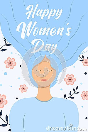 Happy international Women`s Day card. Charming girl with long blue hair Vector Illustration