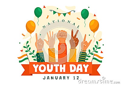 Happy International Youth Day of India Vector Illustration with Indian Flag and Young Boys or Girls Togetherness Vector Illustration