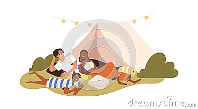 Happy interracial family at camping on summer holidays. Parents and kid near tent, relaxing outdoors in nature. Mother Vector Illustration