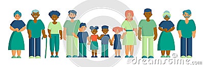 Happy interracial family Father, mother grandparents and children Son, daughter and parents Flat vector illustration Vector Illustration