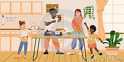 Happy interracial family at the kitchen cooking and preparing for dinner. Cheerful mixed couple with kids. Parents and children Vector Illustration