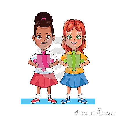 Happy interracial girls with puzzle piece characters Vector Illustration
