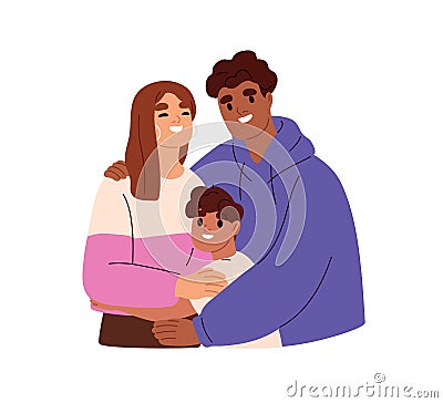 Happy interracial mixed family portrait with parents and child. International mother, father, kid. Biracial couple, mom Vector Illustration