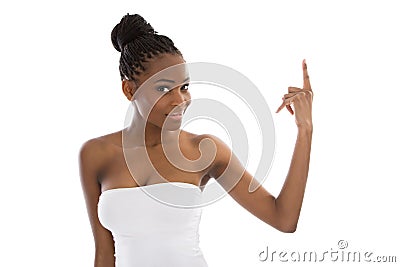 Happy isolated young african american woman presenting. Stock Photo