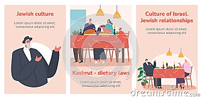 Happy Israel Family Relationship Banners, Jewish Parents, Grandparents and Child Sitting at Table with Traditional Meals Vector Illustration