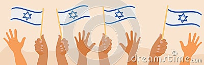 Happy Israel Independence Day banner, hands hold israel flag. Jewish National Holidays. Vector illustration Vector Illustration