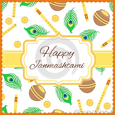 Happy Janmashtami card with Krishna flute isolated on white background. Vector Illustration