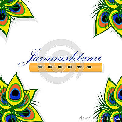 Happy Janmashtami. Cartoon bansuri with peacock feather Vector Illustration