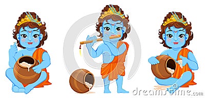 Happy Janmashtami. Celebrating birth of Krishna. Boy with flute and a pot. Vector Illustration