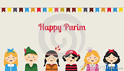 Happy jewish children in fancy dress Enjoy Purim Vector Illustration