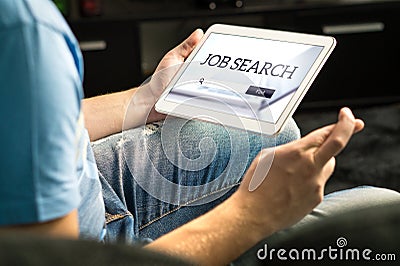 Happy job seeker trying to find work using online search engine Stock Photo