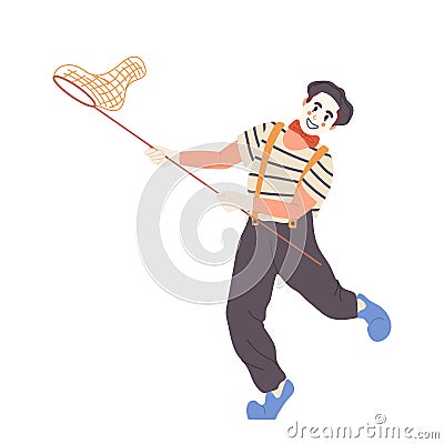 Happy joyful mime actor clown cartoon character with scoop-net dancing and showing pantomime Vector Illustration