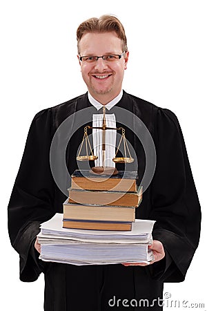 Happy judge holding justice scale and paperwork Stock Photo