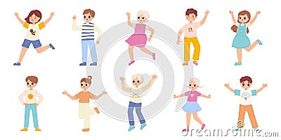 Happy jumping children. Cute little emotional characters, positive kids. Stylish boys and girls, cartoon friendly Vector Illustration