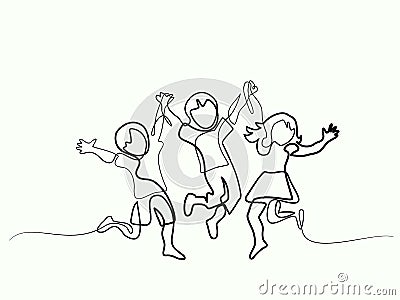 Happy jumping children holding hands Vector Illustration