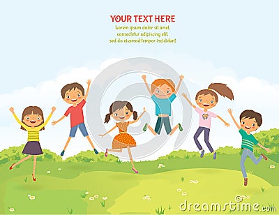 Happy jumping children in the summer background Vector Illustration