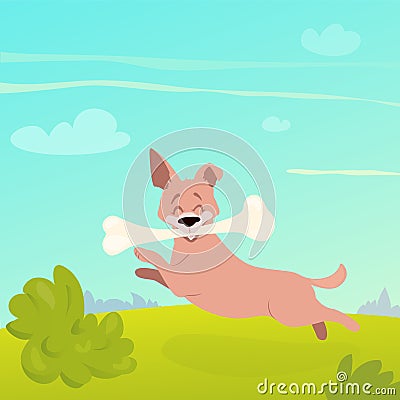 Happy jumping dog with a bone Vector Illustration