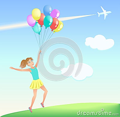 Happy jumping girl with colorful balloons on the lawn. Vector Illustration