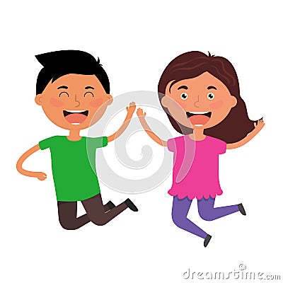 Happy jumping kids. Boy and girl have a fun. Best friends have success, happiness. Friendship Vector Illustration