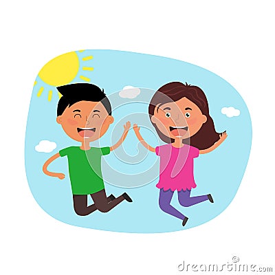 Happy jumping kids. Boy and girl have a fun. Best friends have success, happiness. Friendship Vector Illustration