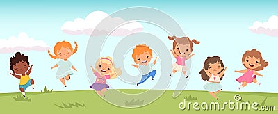 Happy jumping kids. Funny children playing and jumping on meadow. Little people vector background Vector Illustration